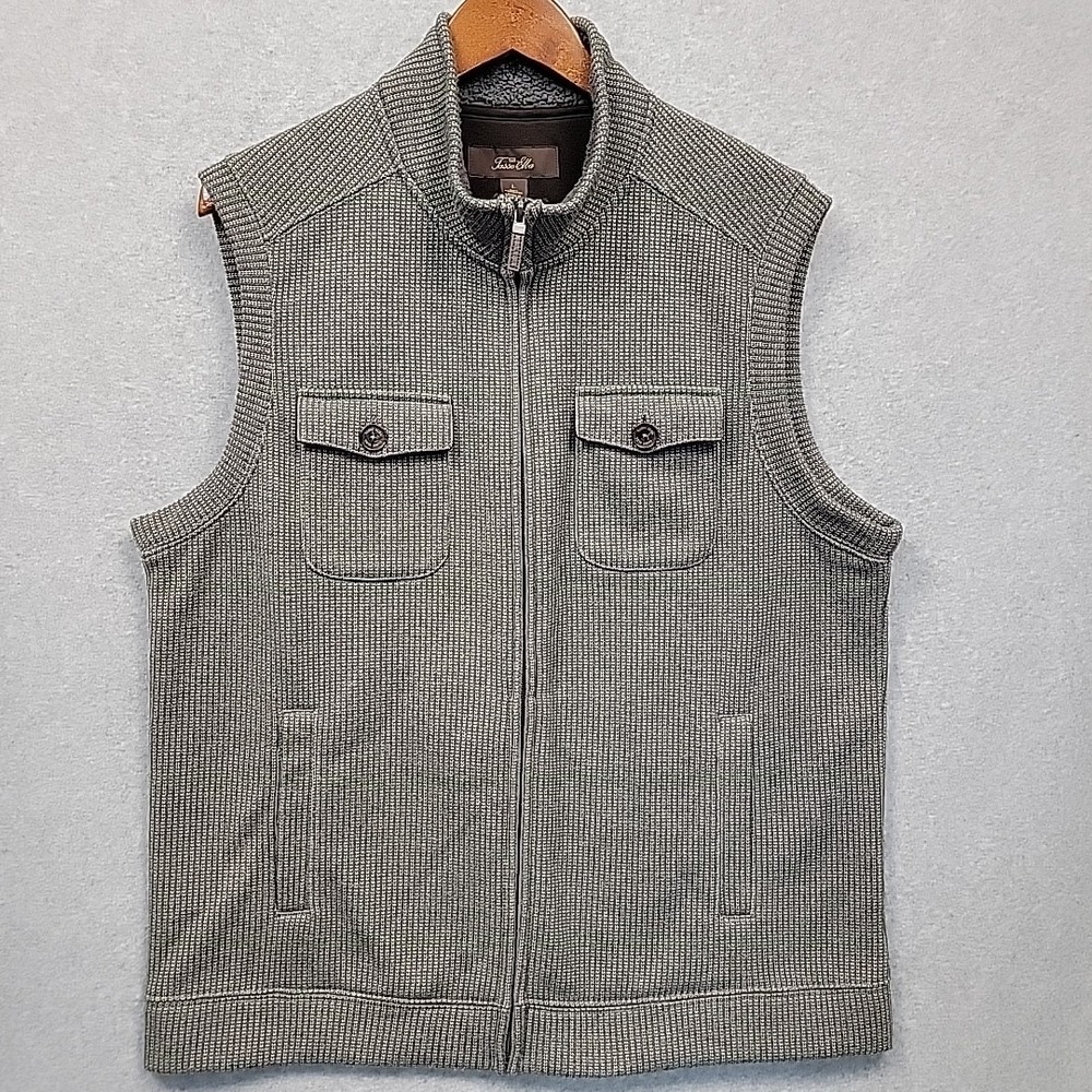TASSO ELBA Men Sz L Vest Full Zip Pockets High Neck Woven Knit Fleece Gray Green